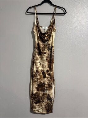 Almost Famous Cream and Brown Botanical Slip Midi Dress